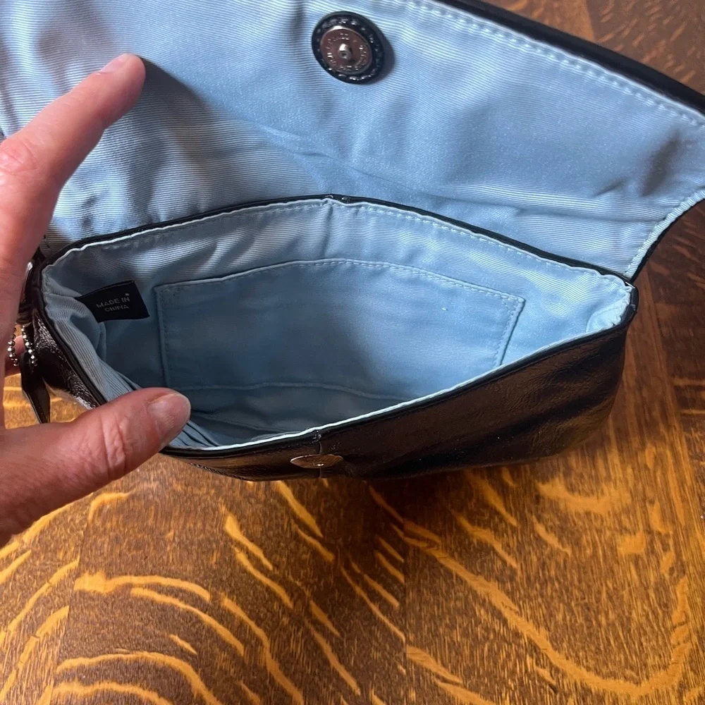 Coach Black Patent Leather Clutch Wristlet with Silver Accents